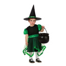 Disfraz Bruja Bebé Verde con vestido negro y sombrero picudo