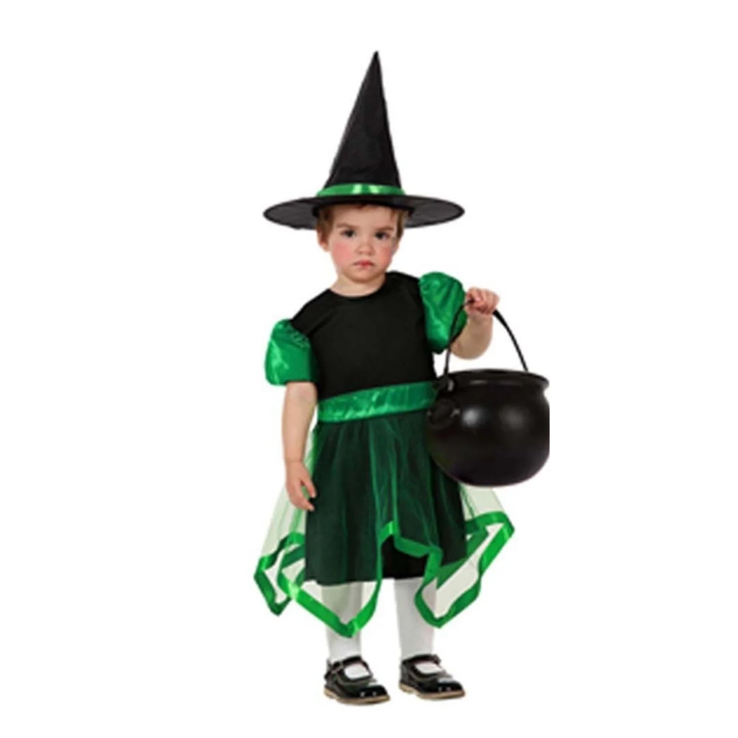 Disfraz Bruja Bebé Verde con vestido negro y sombrero picudo