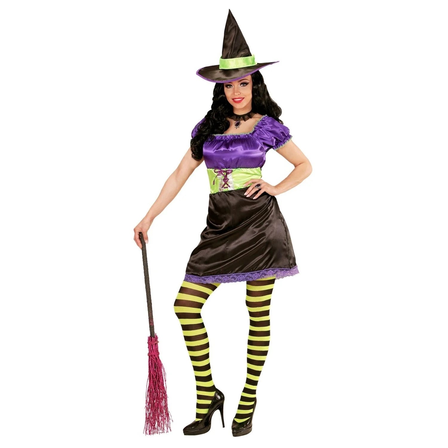 Disfraz Bruja Colorines Adulta con vestido negro y morado y sombrero de bruja
