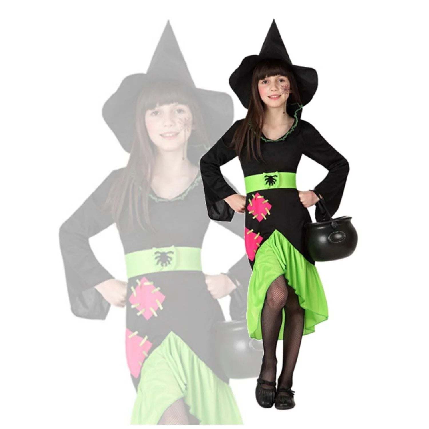 Disfraz bruja con parches infantil con sombrero y vestido