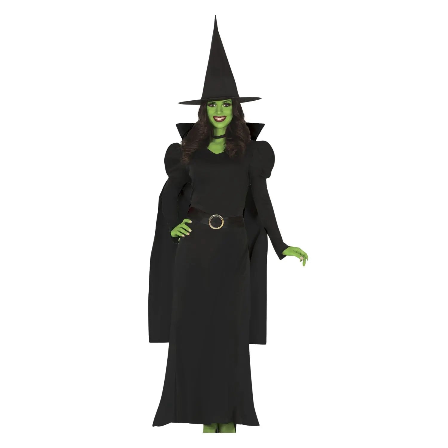 Disfraz Bruja Fantasy para mujer con vestido negro largo capa sombrero y cinturón para Halloween