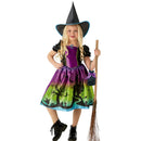 Disfraz Bruja Luna Negra niña con vestido estampado y sombrero puntiagudo