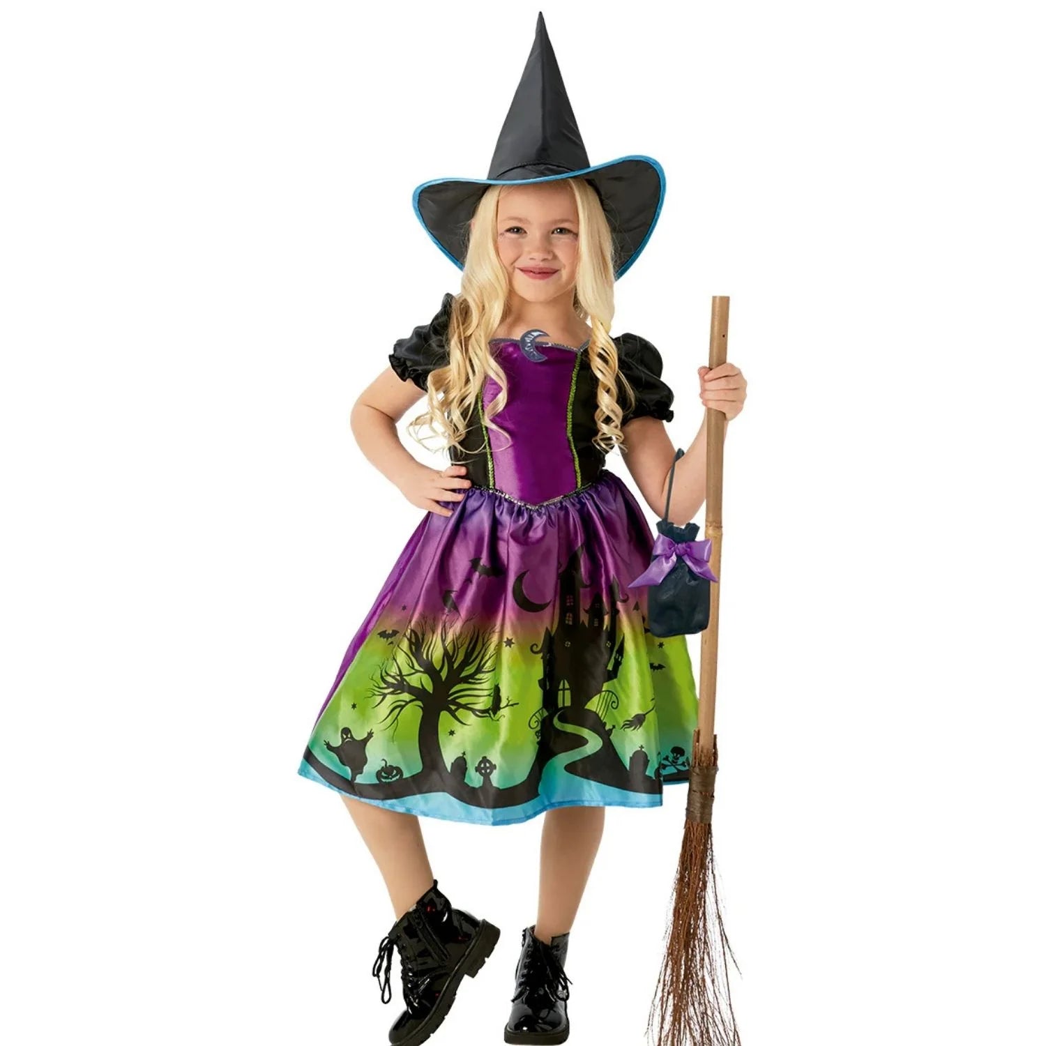 Disfraz Bruja Luna Negra niña con vestido estampado y sombrero puntiagudo