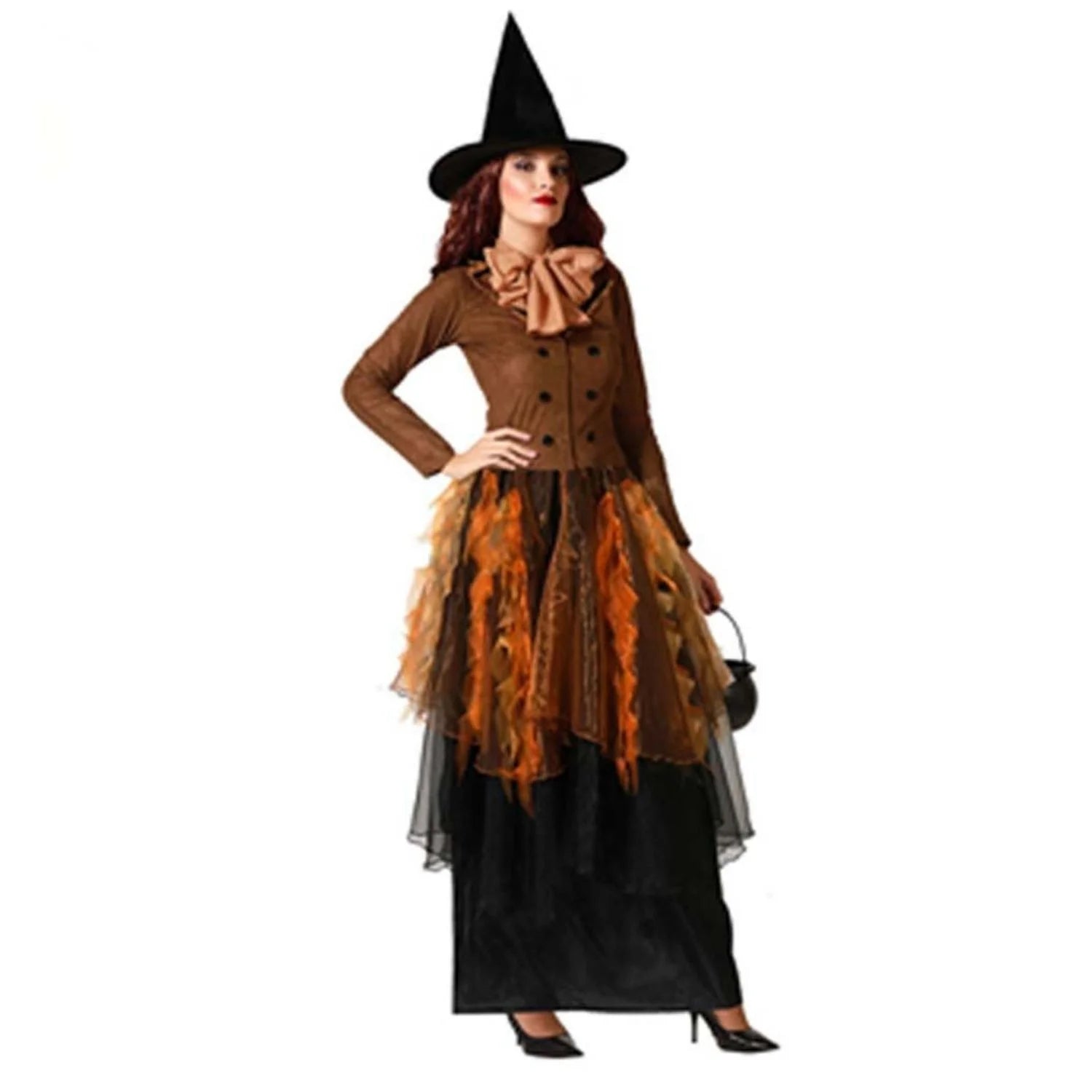 Disfraz Bruja Marrón Adulta con vestido de tul y sombrero para Halloween