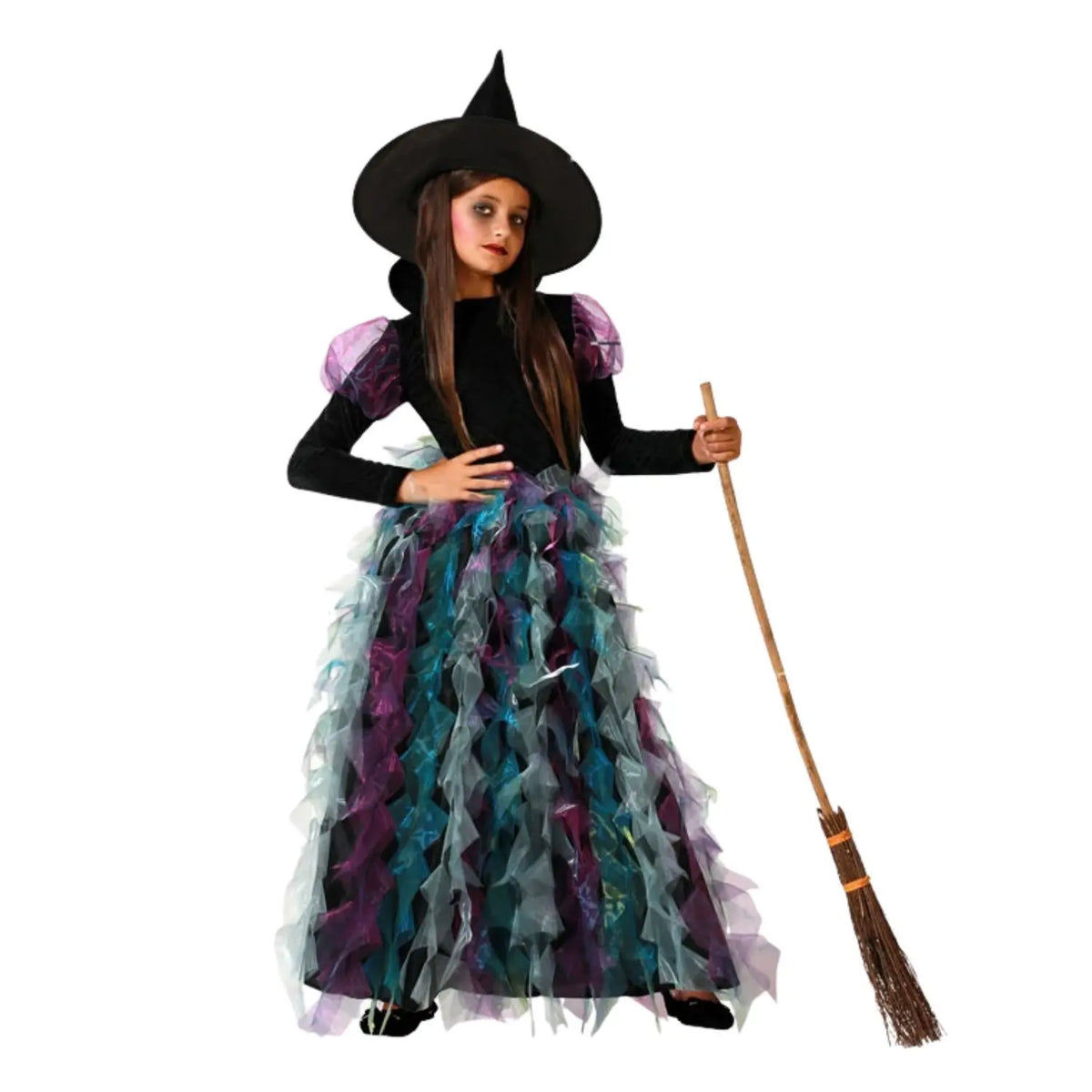 Disfraz de Bruja Multicolor infantil con vestido largo de capas y sombrero
