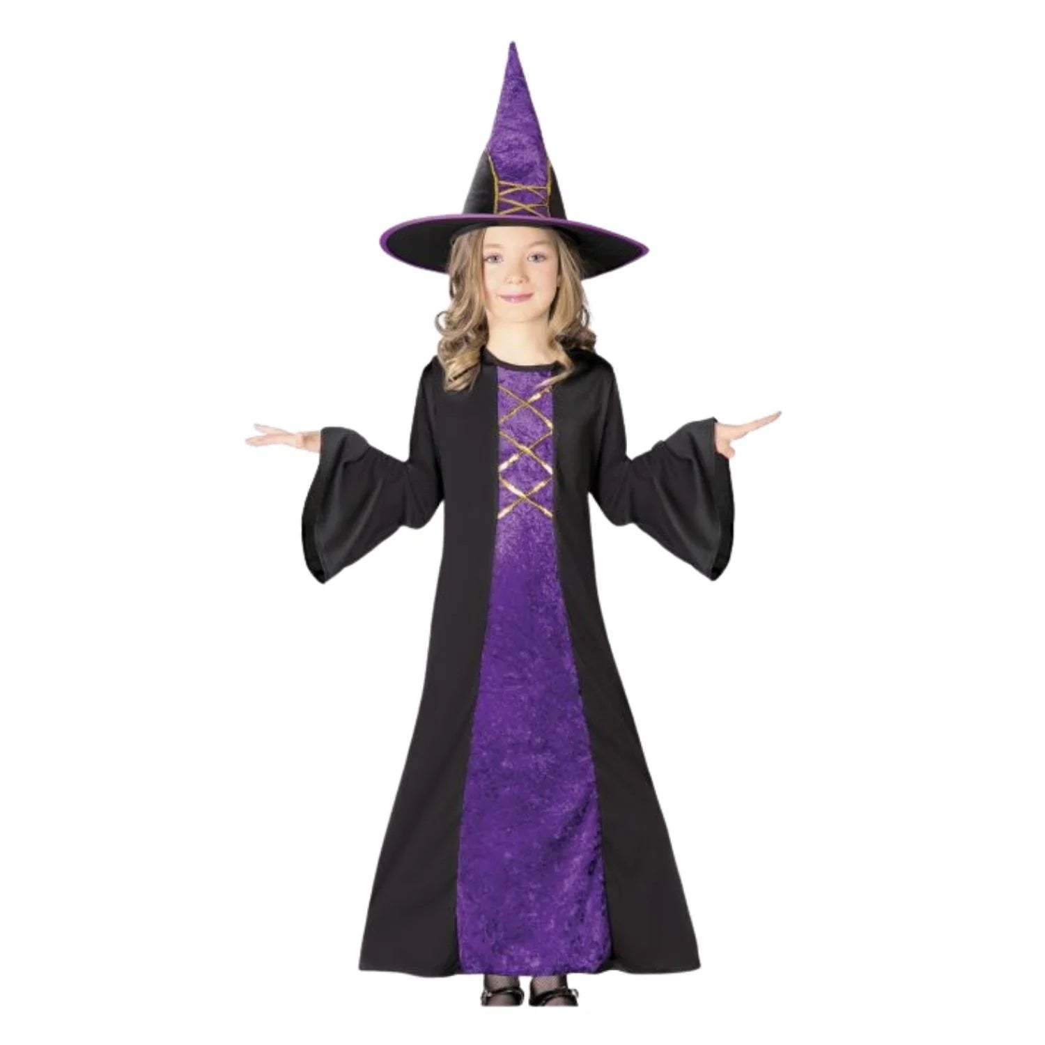 Disfraz bruja niña con sombrero y vestido para Halloween