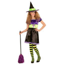 Disfraz Bruja Verde para Niña con vestido negro y sombrero de bruja