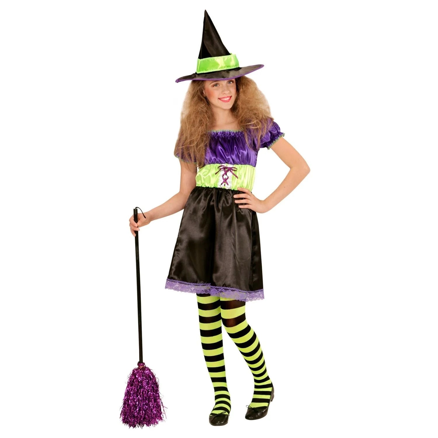 Disfraz Bruja Verde para Niña con vestido negro y sombrero de bruja