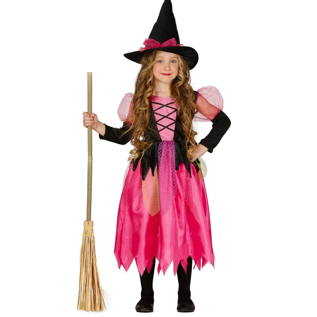 Disfraz de brujita rosa infantil con gorro y vestido