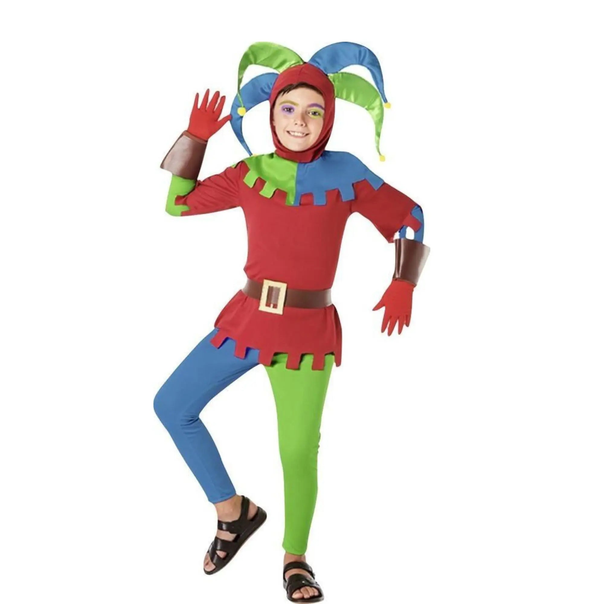 Disfraz de bufón para niño colorido con capucha, túnica y pantalones para Carnaval