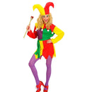 Disfraz Vaquero para Adulto con Disfraz Bufona para Mujer con vestido multicolor y sombrero medieval