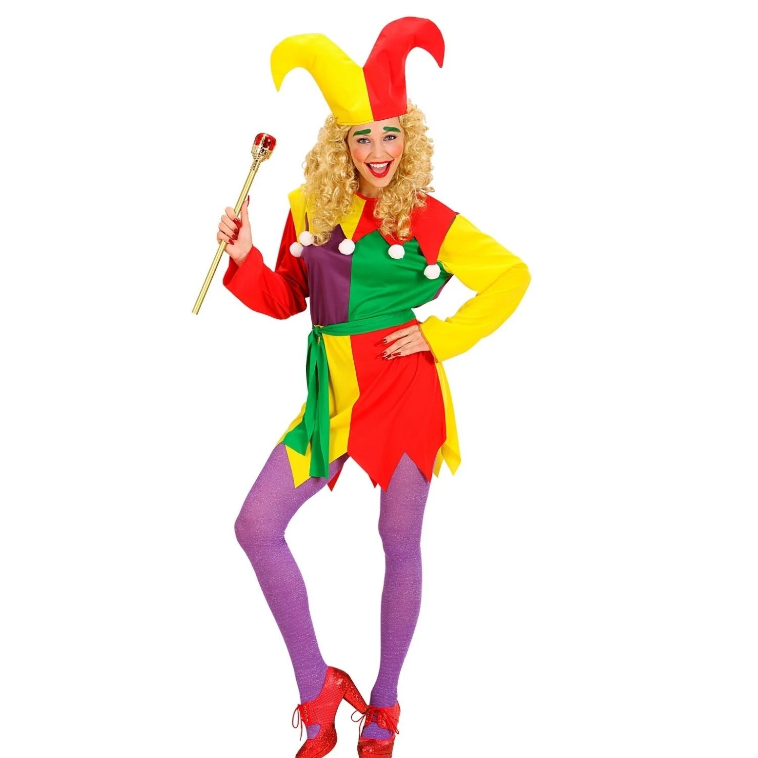 Disfraz Vaquero para Adulto con Disfraz Bufona para Mujer con vestido multicolor y sombrero medieval