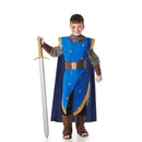Disfraz de caballero medieval azul infantil con túnica, capucha y cubrebotas