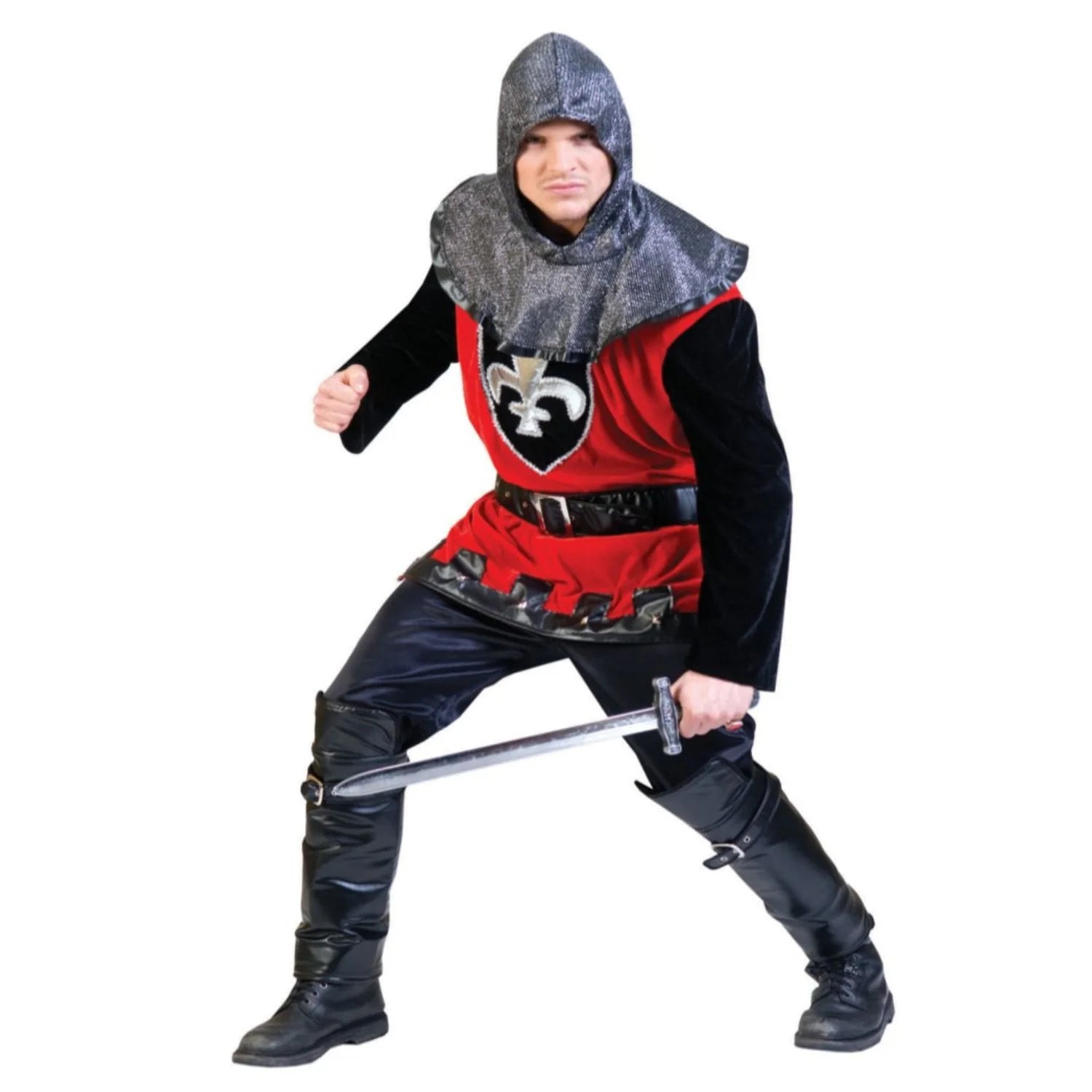 Disfraz caballero medieval adulto rojo con verdugo y cubrebotas para Carnaval