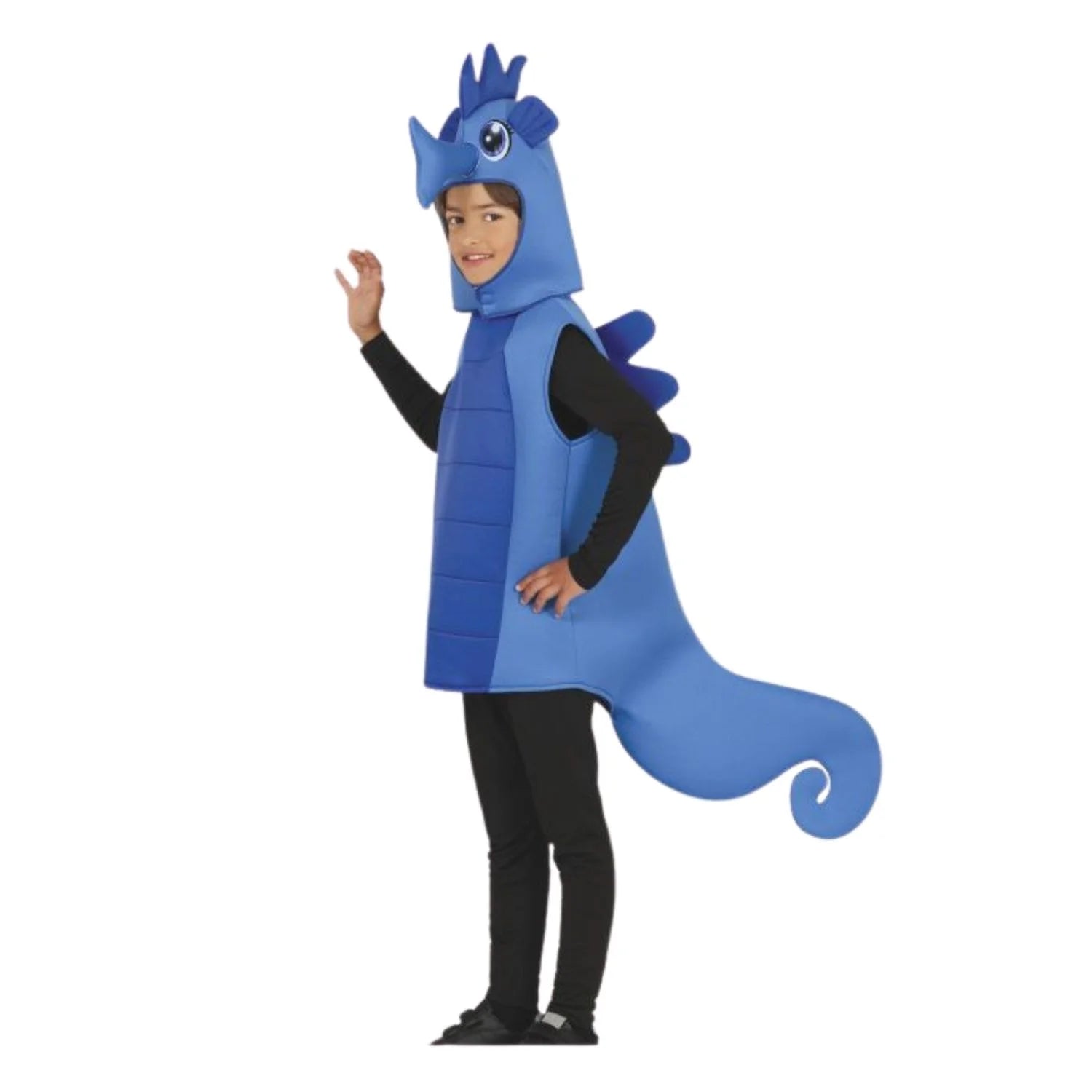 Disfraz caballito de mar azul con capucha y traje completo