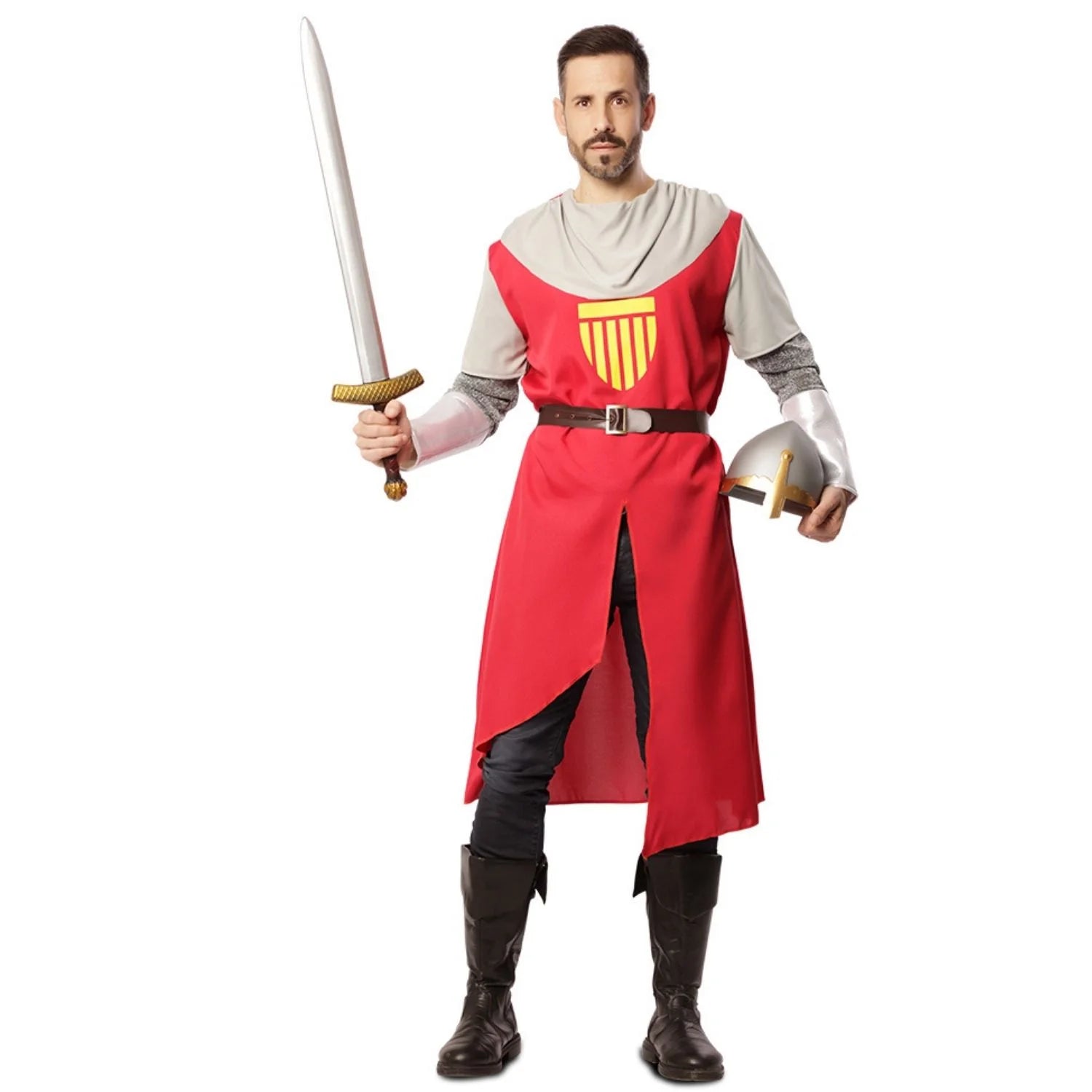 Hombre con disfraz de Capitán Relámpago medieval con túnica roja y cinturón