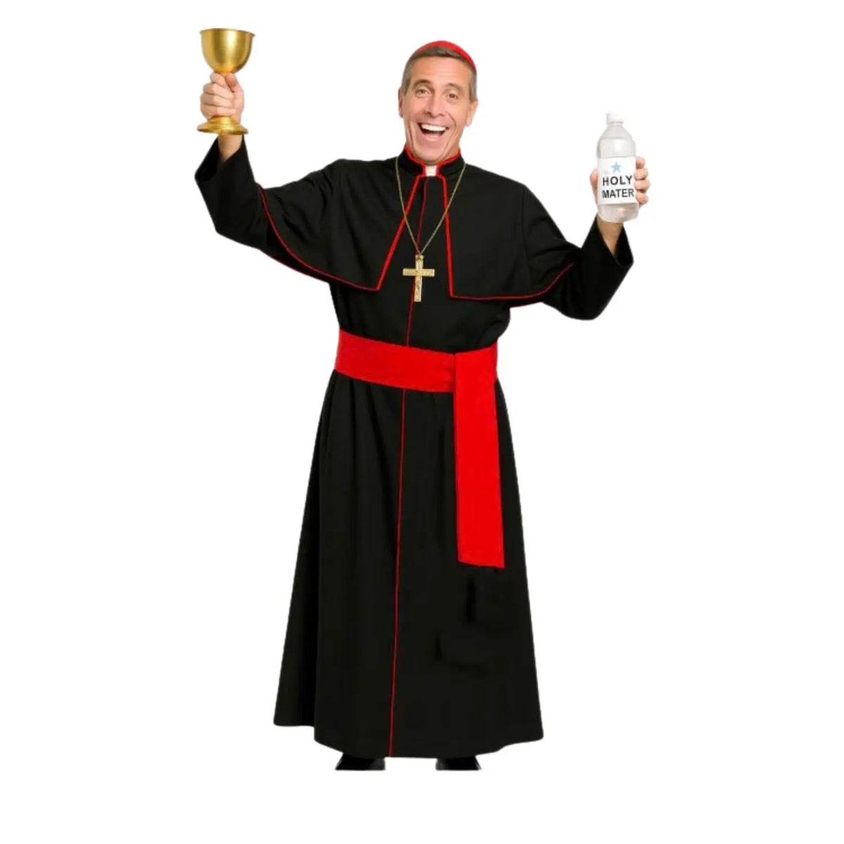Disfraz de Cardenal para adulto con túnica negra, estola roja y gorro