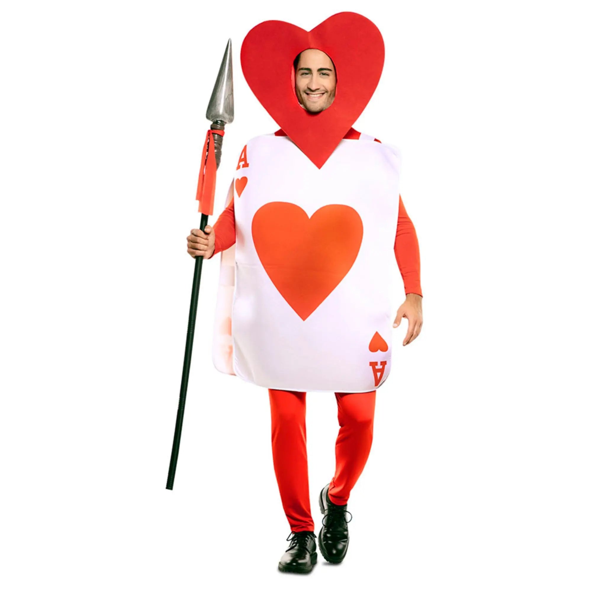 Disfraz de carta as de corazones para adulto con traje y gorro inspirado en Alicia en el País de las Maravillas