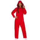 Disfraz de convicta roja con capucha para mujer compuesto por mono rojo y máscara ideal para Carnaval y fiestas temáticas