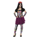 Disfraz de Catrina para mujer con vestido floral, manguitos y pantalón para Halloween y Día de los Muertos