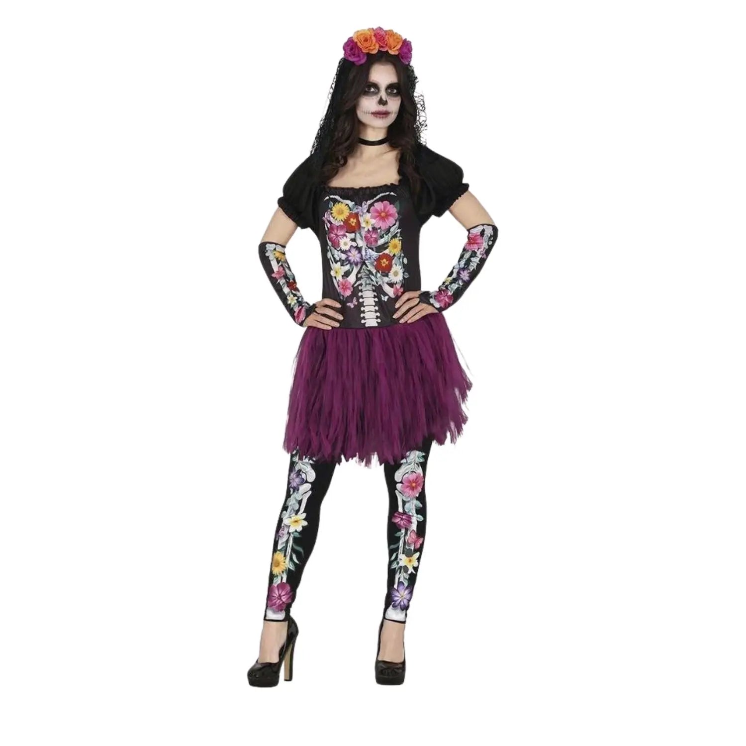 Disfraz de Catrina para mujer con vestido floral, manguitos y pantalón para Halloween y Día de los Muertos
