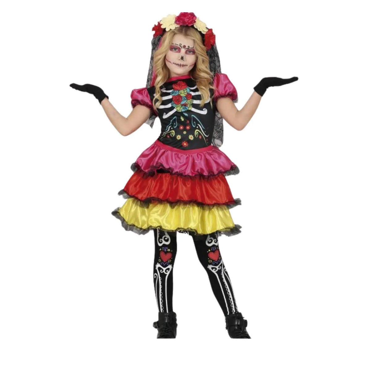 Disfraz de Catrina infantil para niña con vestido de esqueleto, flores y volantes de colores