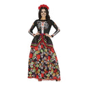 Disfraz de Catrina para mujer con vestido largo de calaveras y diadema de flores