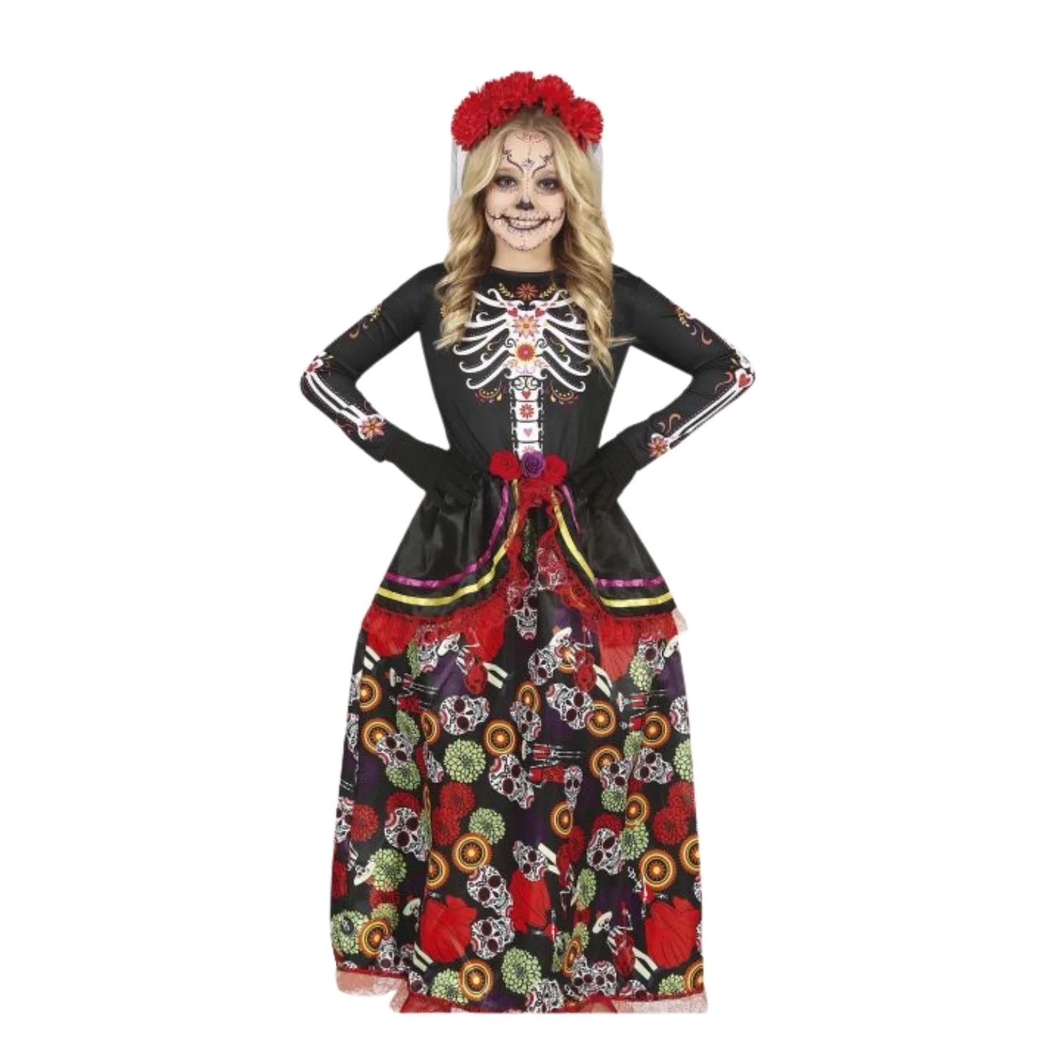 Disfraz de catrina para niña con vestido y diadema Halloween