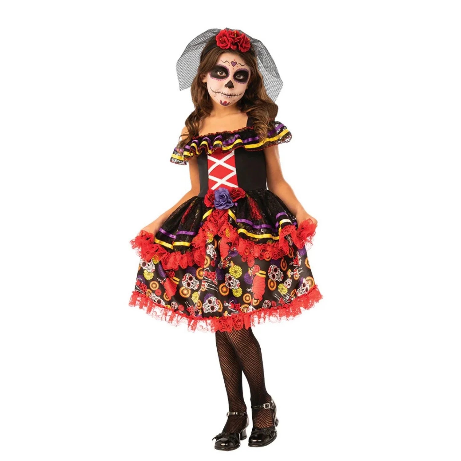 Niña con disfraz Catrinita Infantil con vestido tradicional estampado y diadema con rosas y velo