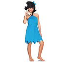 Mujer con disfraz cavernícola Bea para adulta con vestido azul y gorro tipo peluca negra