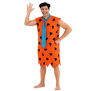 Disfraz cavernícola hombre naranja con estampado negro y corbata azul