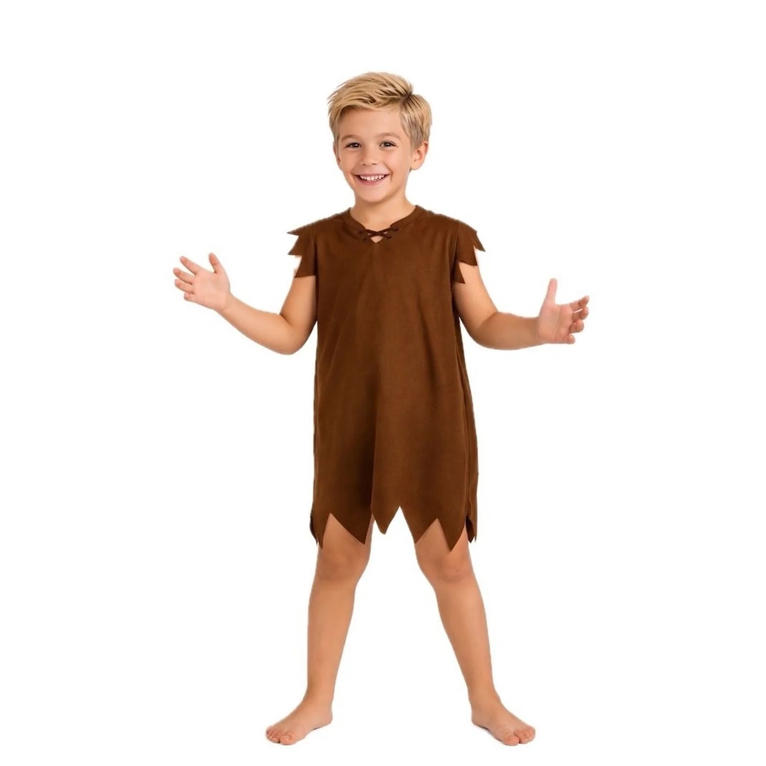 Disfraz de cavernícola para niño con casaca marrón estilo prehistórico