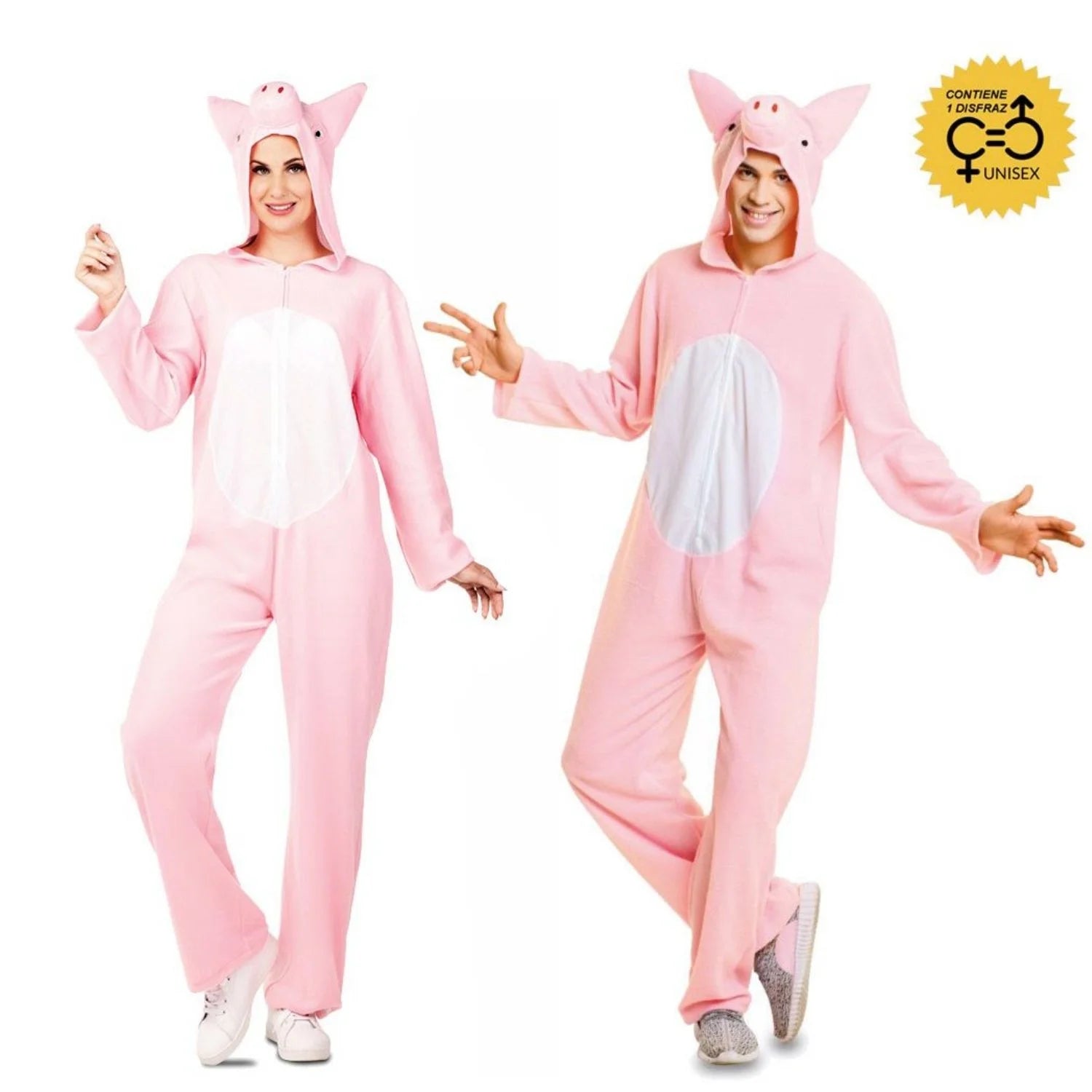 Pareja con disfraz de cerdito rosa con mono y capucha con orejas