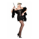 Disfraz Charleston para mujer con vestido negro de flecos y cinta con pluma