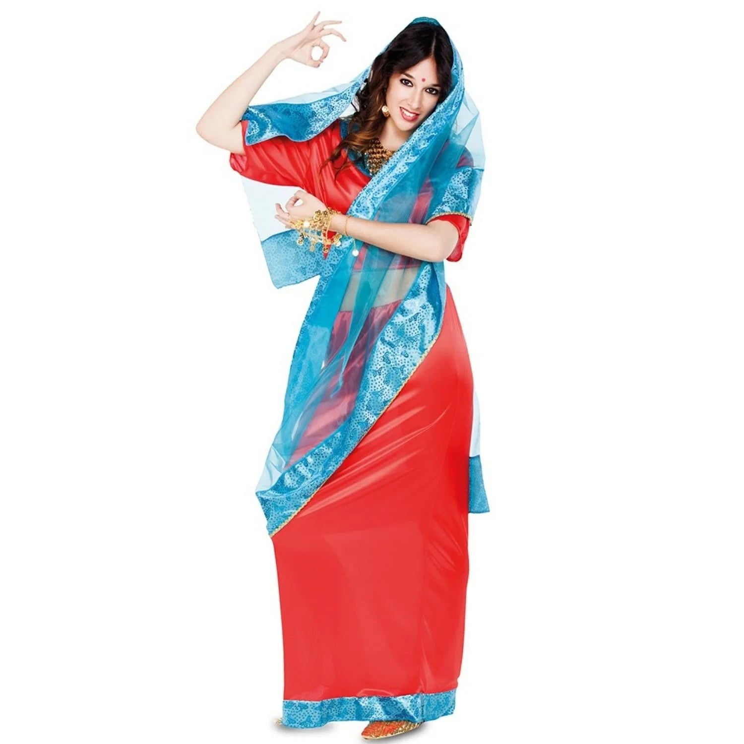 Mujer con disfraz Bollywood rojo y azul con velo inspirado en la cultura india