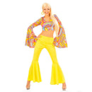 Disfraz de chica funky para mujer con top estampado y pantalón amarillo acampanado