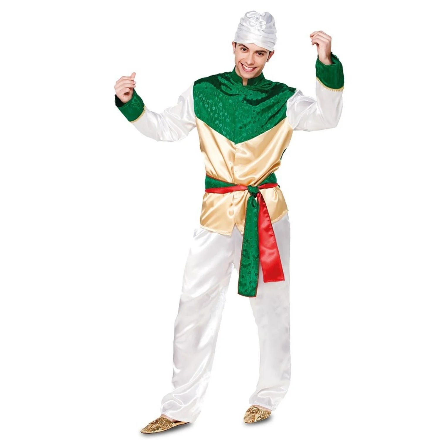 Hombre con disfraz Bollywood indio en colores blanco y verde