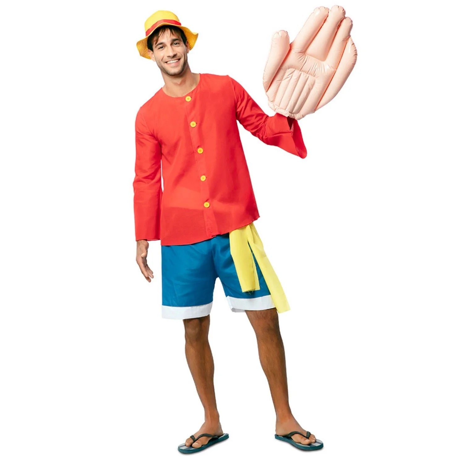 Hombre con disfraz chico elástico inspirado en One Piece con camisa roja y pantalón azul