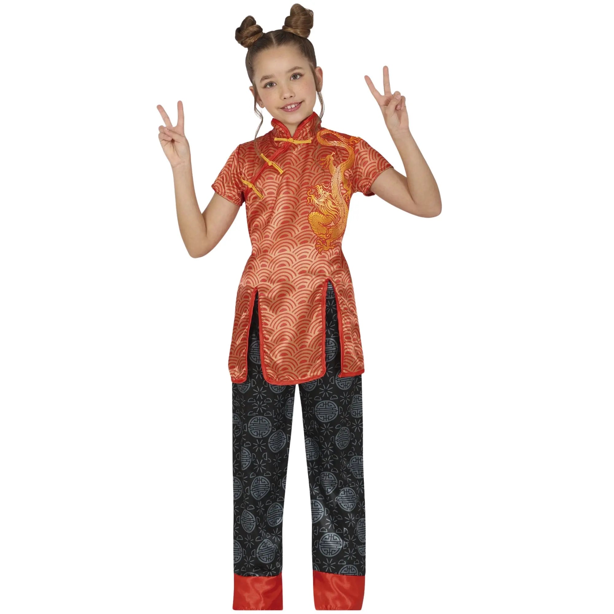 Disfraz de china para niña con casaca tradicional y pantalón rojo estilo asiático para Carnaval