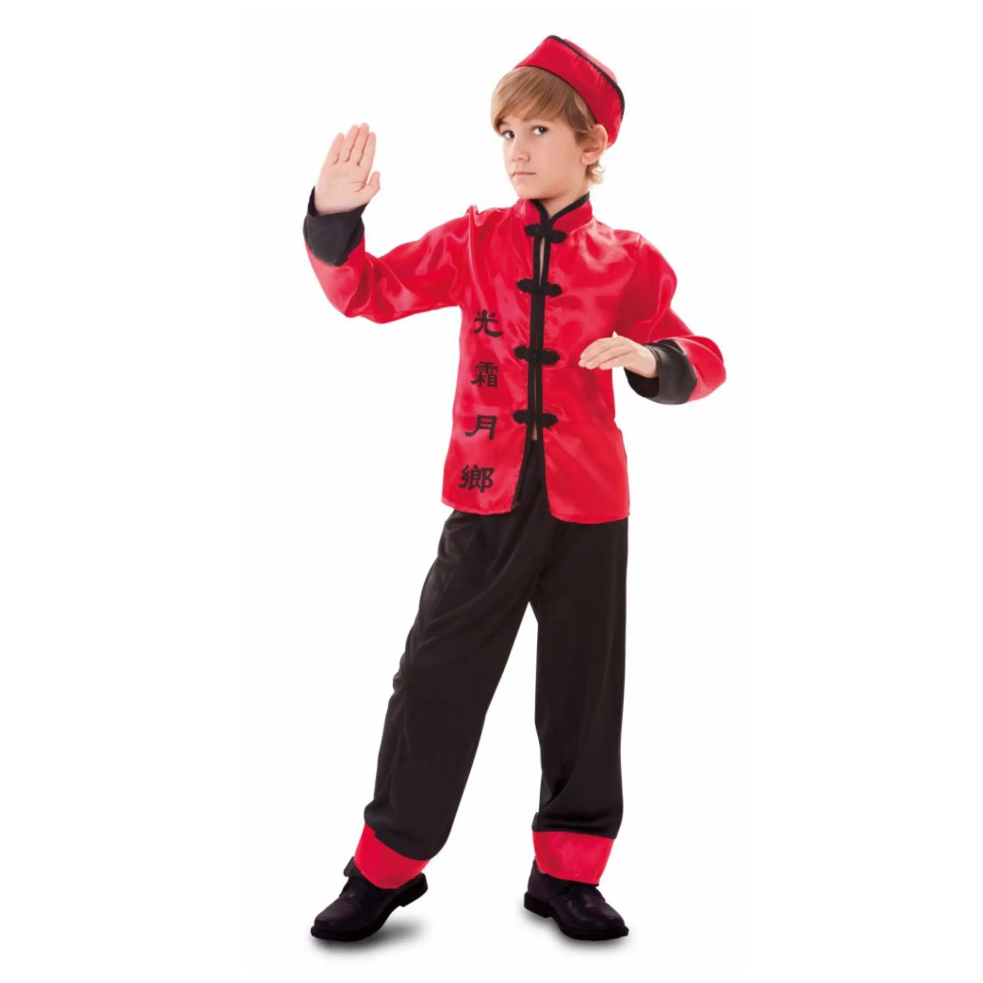 Disfraz chino niño rojo con camisa, pantalón negro y sombrero para Carnaval y fiestas temáticas