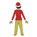 Niño con disfraz Christmas Hater navideño verde con cinturón y guantes