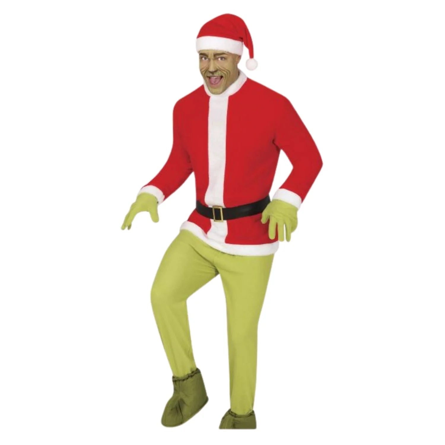 Disfraz Christmas Hater adulto con casaca roja, pantalón, cinturón, gorro y guantes para Navidad