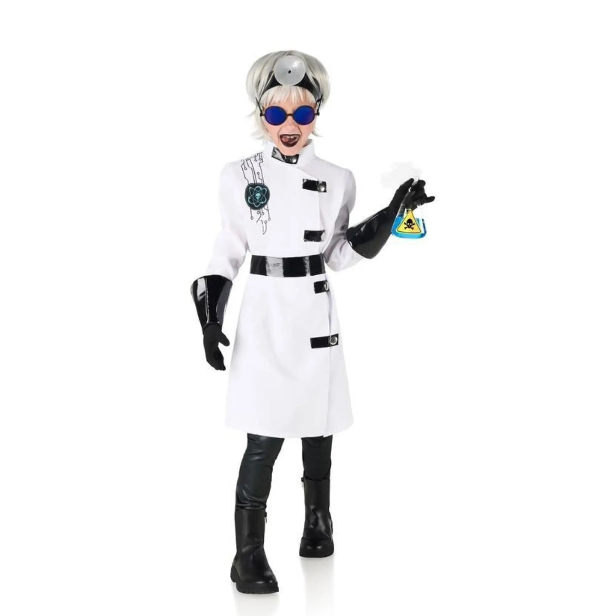 Disfraz de científica loca para niña con chaqueta, pantalón y guantes para Halloween