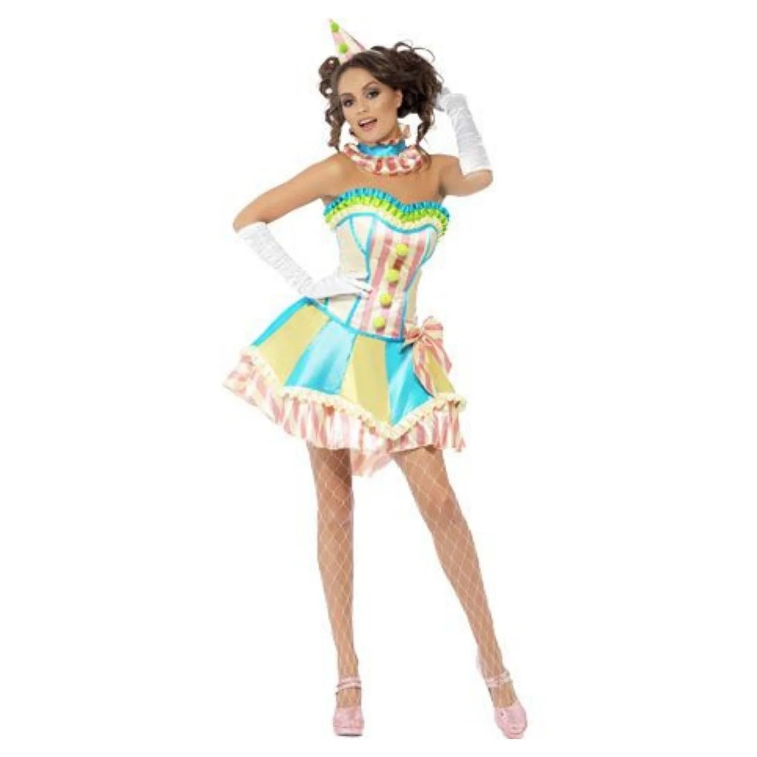 Disfraz de Clown Vintage para mujer con corsé y mini falda de colores