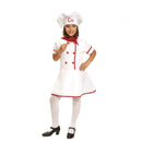 Disfraz cocinera niña con vestido blanco, gorro de chef y pañuelo rojo