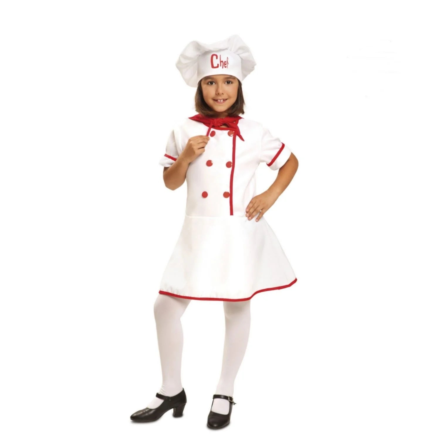 Disfraz cocinera niña con vestido blanco, gorro de chef y pañuelo rojo