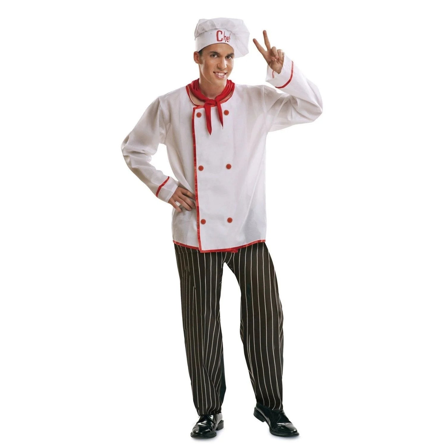 Disfraz cocinero hombre con sombrero de chef, pañuelo rojo y pantalón a rayas