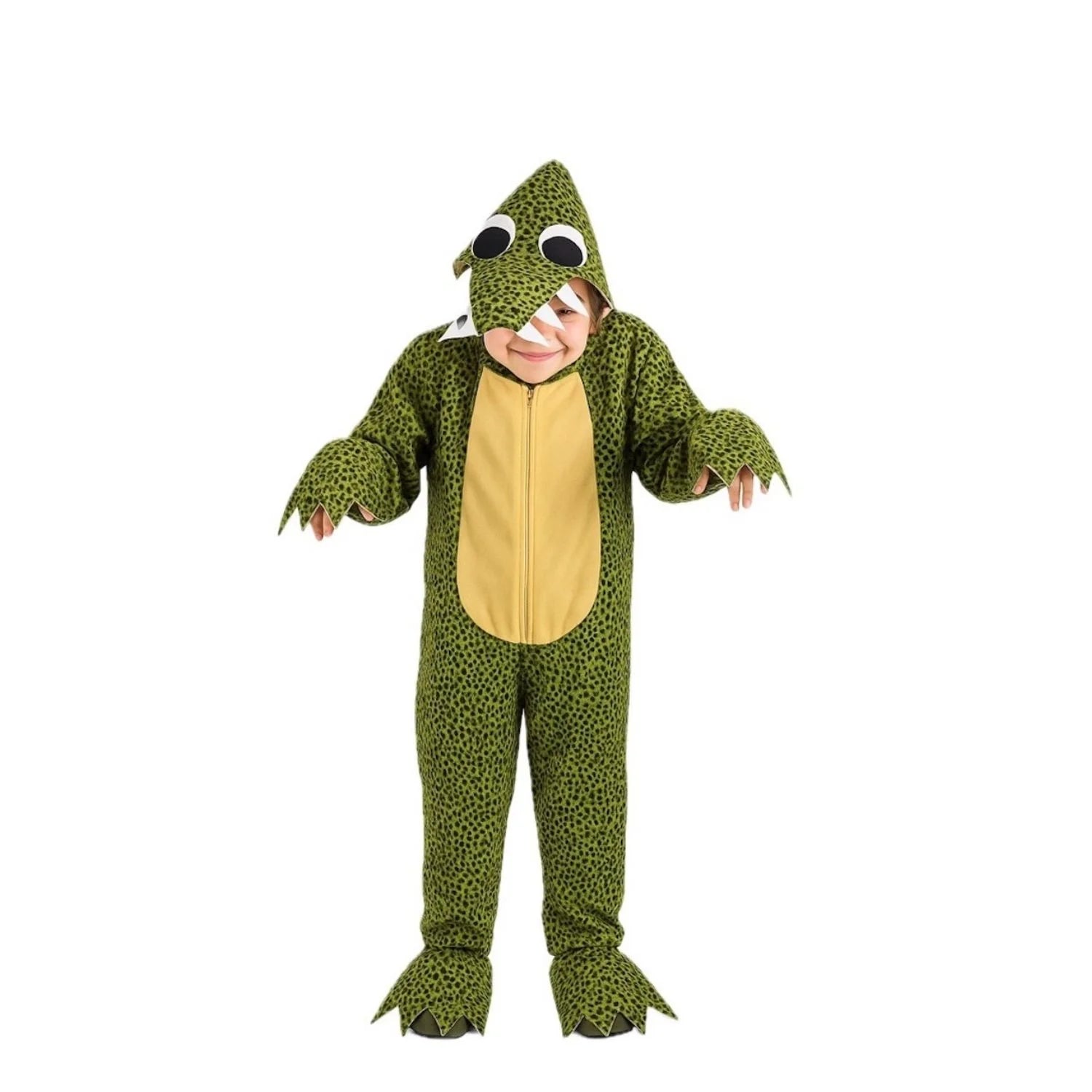 Disfraz cocodrilo niño verde con capucha de dinosaurio y cola acolchada