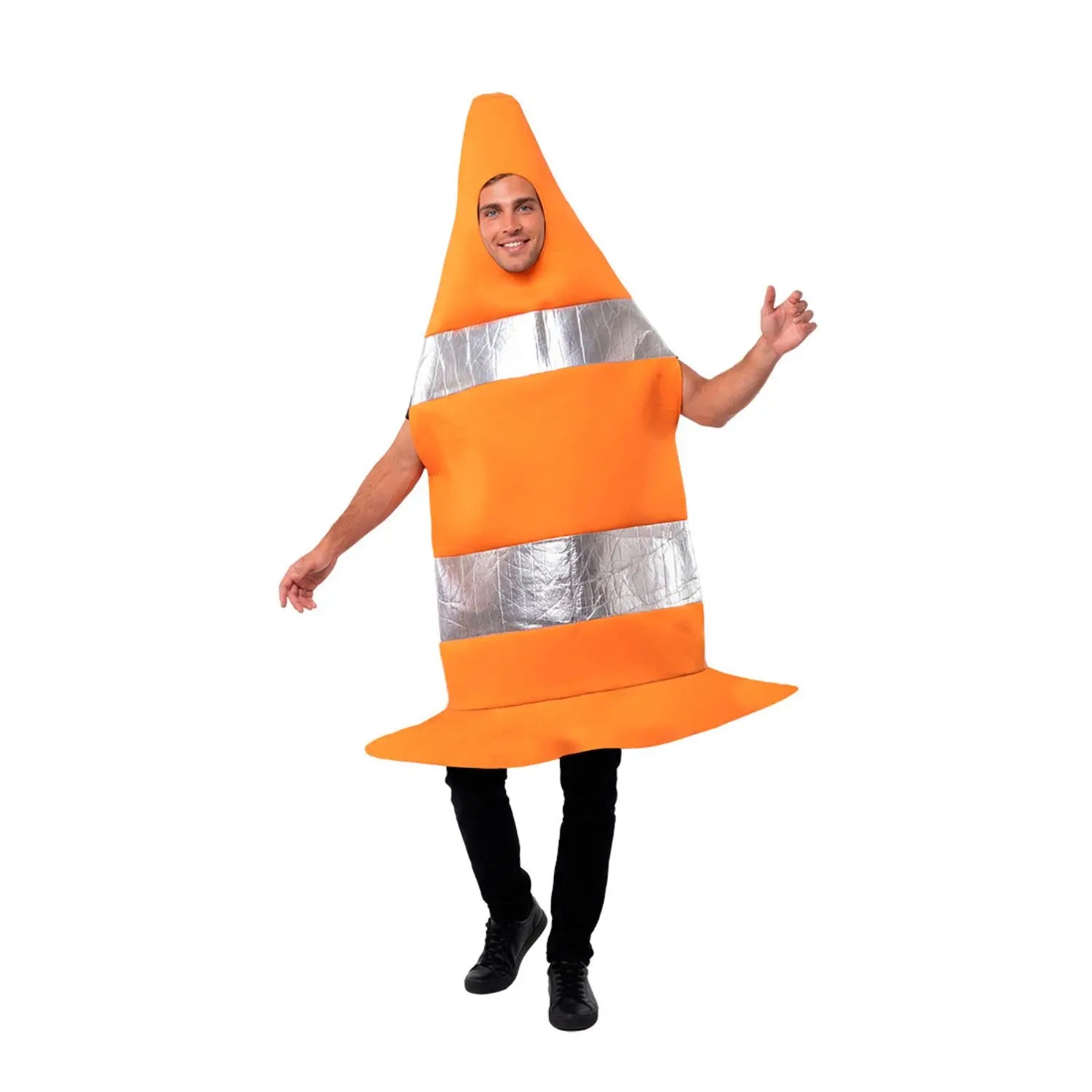 Disfraz de cono de tráfico para adulto unisex en color naranja con bandas plateadas reflectantes