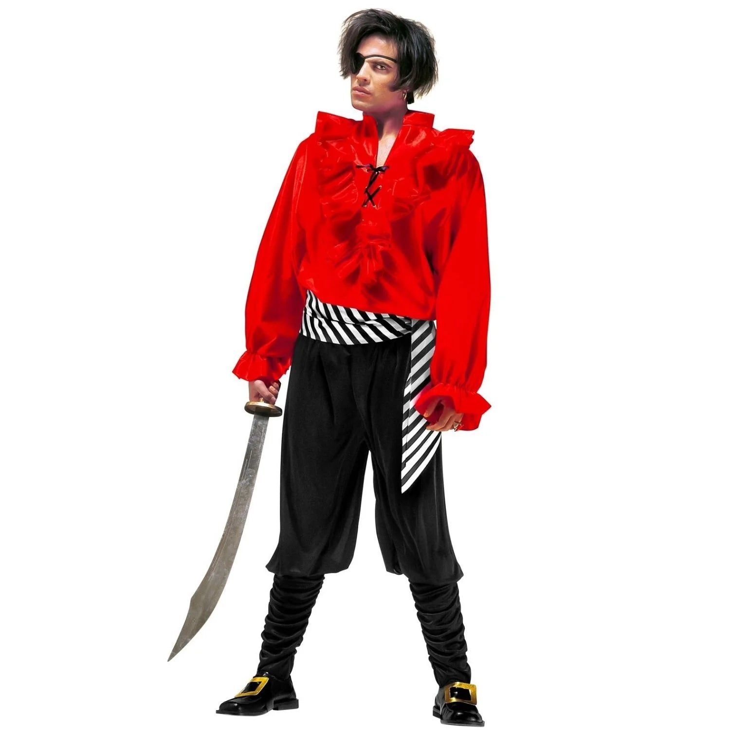 Disfraz de Corsario del Caribe para hombre con camisa roja y accesorios piratas